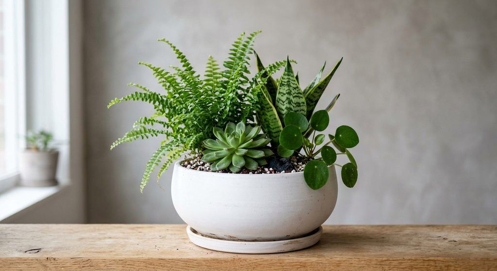 Cuenco de cerámica blanca con un helecho, una echeveria, una sansevieria y una pilea sobre una mesa de madera clara