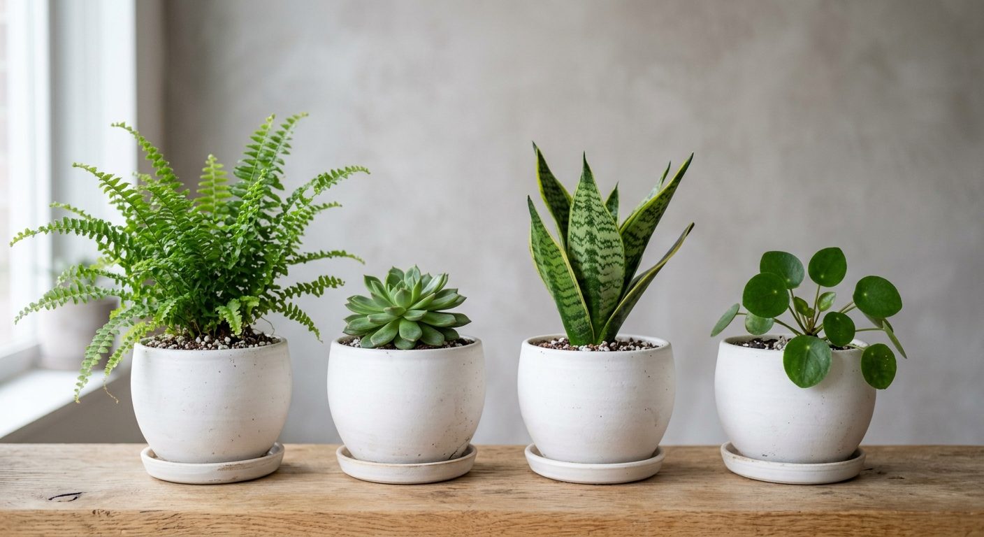 Cuatro macetas blancas en fila sobre madera clara: helecho de Boston, echeveria, sansevieria y pilea